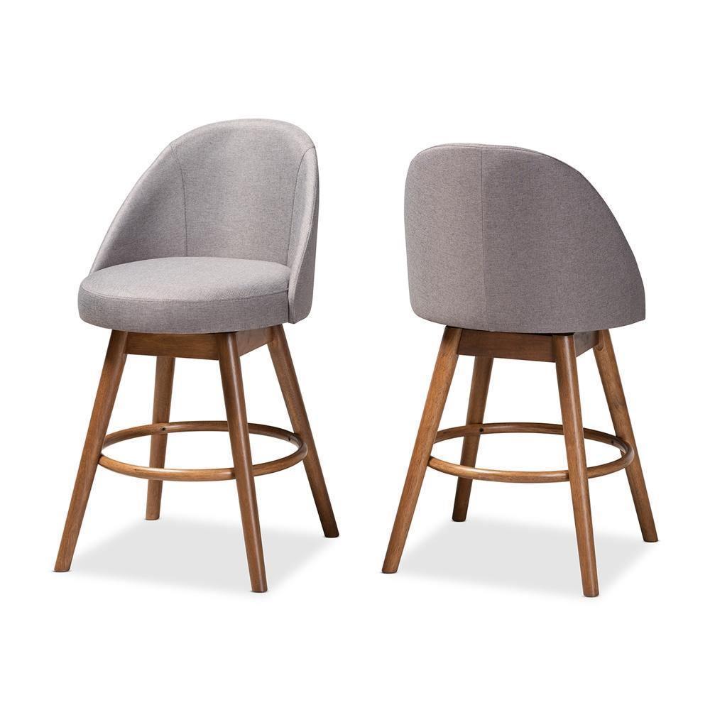 Carra Mid-Century Modern Grey Fabric Upholstered Walnut-Finished Wood Swivel Counter Stool (Set of 2) FredCo