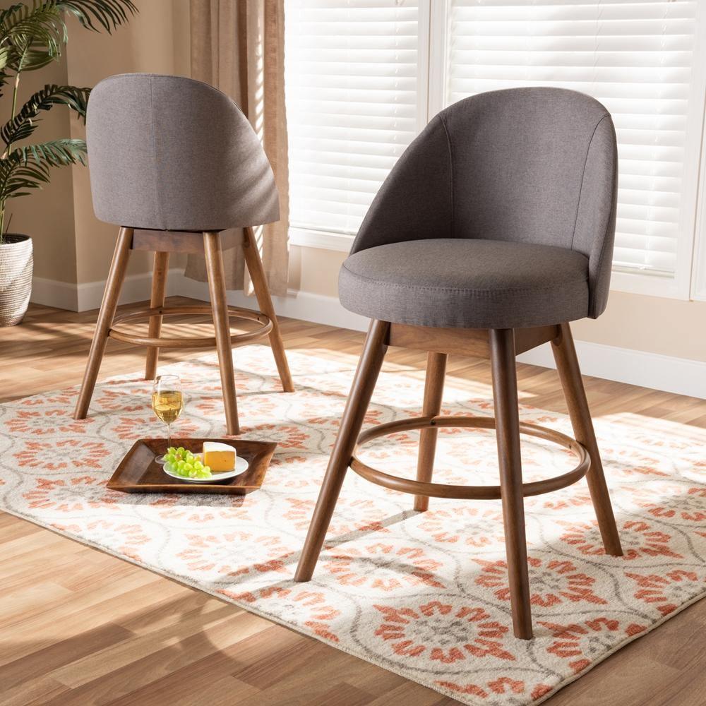 Carra Mid-Century Modern Grey Fabric Upholstered Walnut-Finished Wood Swivel Counter Stool (Set of 2) FredCo