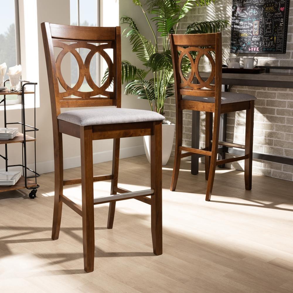 Carson Modern and Contemporary Grey Fabric Upholstered and Walnut Brown Finished Wood 2-Piece Bar Stool Set FredCo