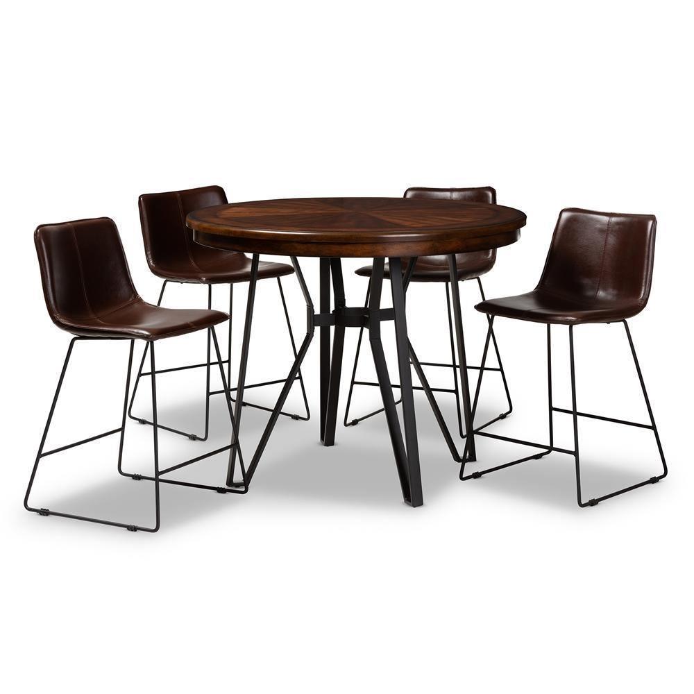 Carvell Rustic and Industrial Dark Brown Faux Leather Upholstered 5-Piece Pub Set FredCo