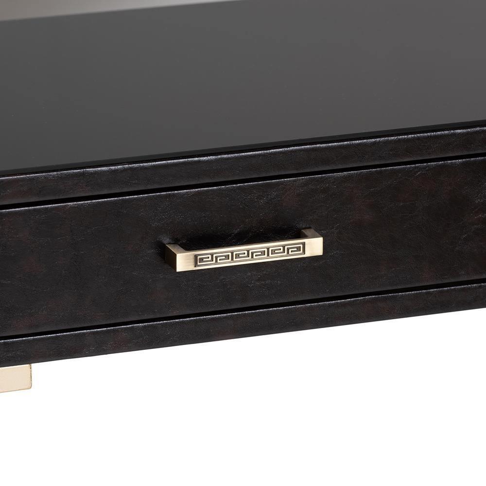 Carville Modern and Contemporary Dark Brown Faux Leather Upholstered Gold Finished 2-Drawer Console Table FredCo