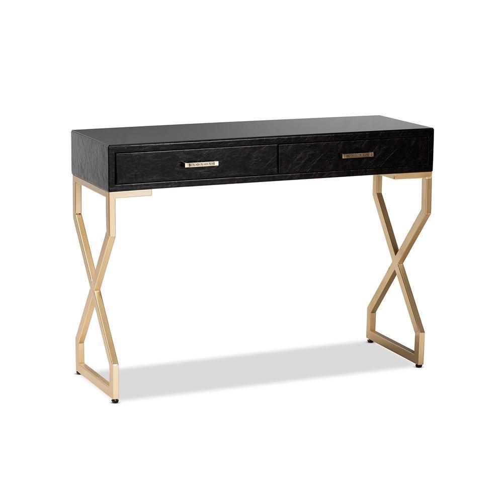 Carville Modern and Contemporary Dark Brown Faux Leather Upholstered Gold Finished 2-Drawer Console Table FredCo