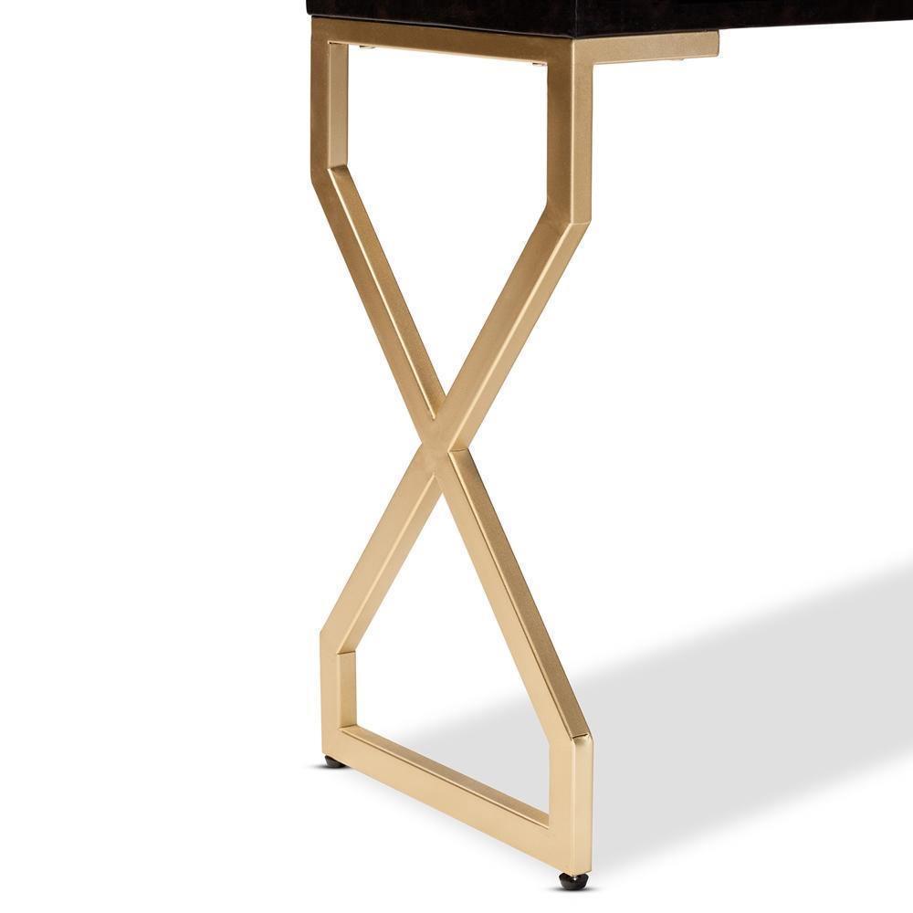 Carville Modern and Contemporary Dark Brown Faux Leather Upholstered Gold Finished 2-Drawer Console Table FredCo