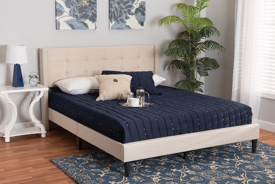 Casol Mid-Century Modern Transitional Beige Fabric Upholstered Queen Size Platform Bed FredCo