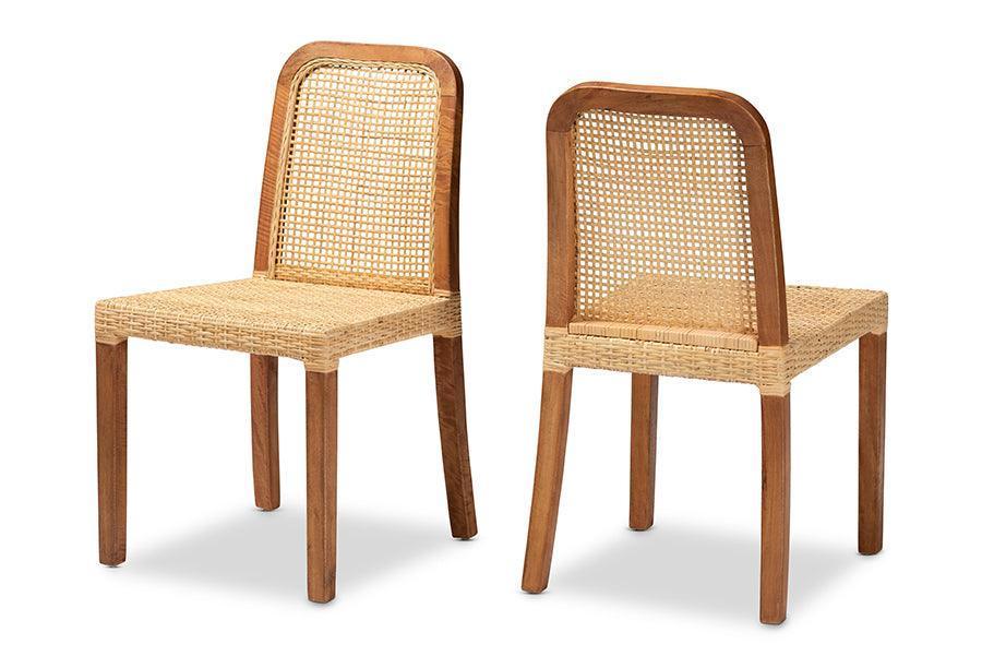 Caspia Mid-Century Modern Walnut Brown Finished Wood and Natural Rattan 2-Piece Dining Chair Set FredCo