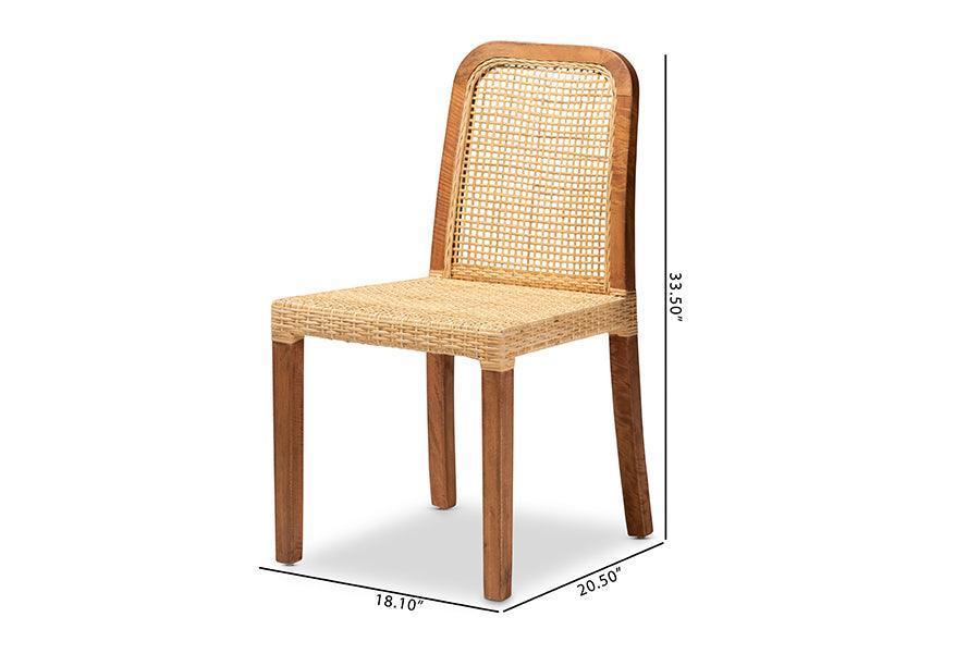 Caspia Mid-Century Modern Walnut Brown Finished Wood and Natural Rattan 2-Piece Dining Chair Set FredCo