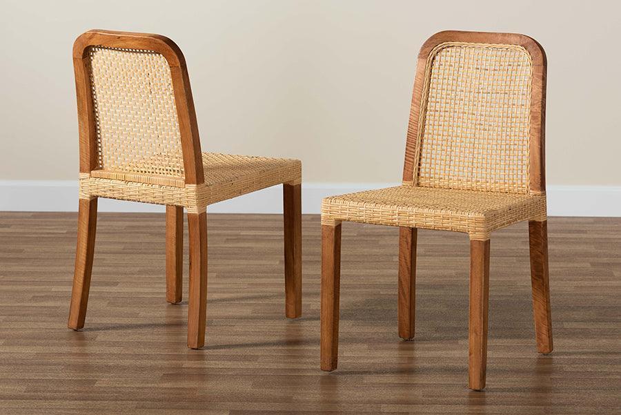 Caspia Mid-Century Modern Walnut Brown Finished Wood and Natural Rattan 2-Piece Dining Chair Set FredCo