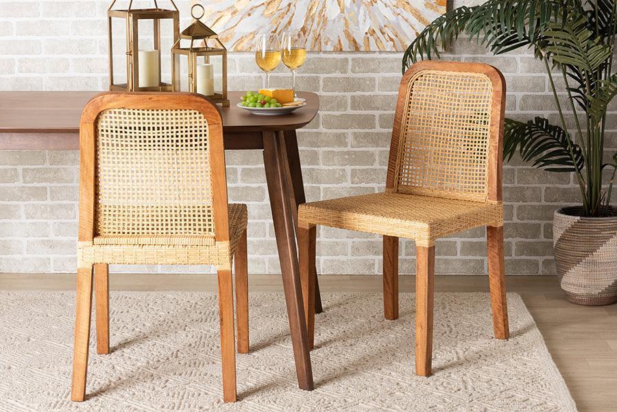 Caspia Mid-Century Modern Walnut Brown Finished Wood and Natural Rattan 2-Piece Dining Chair Set FredCo
