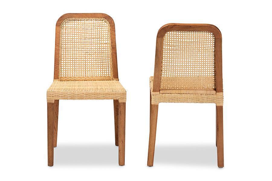 Caspia Mid-Century Modern Walnut Brown Finished Wood and Natural Rattan 2-Piece Dining Chair Set FredCo