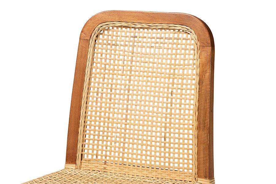 Caspia Mid-Century Modern Walnut Brown Finished Wood and Natural Rattan 2-Piece Dining Chair Set FredCo