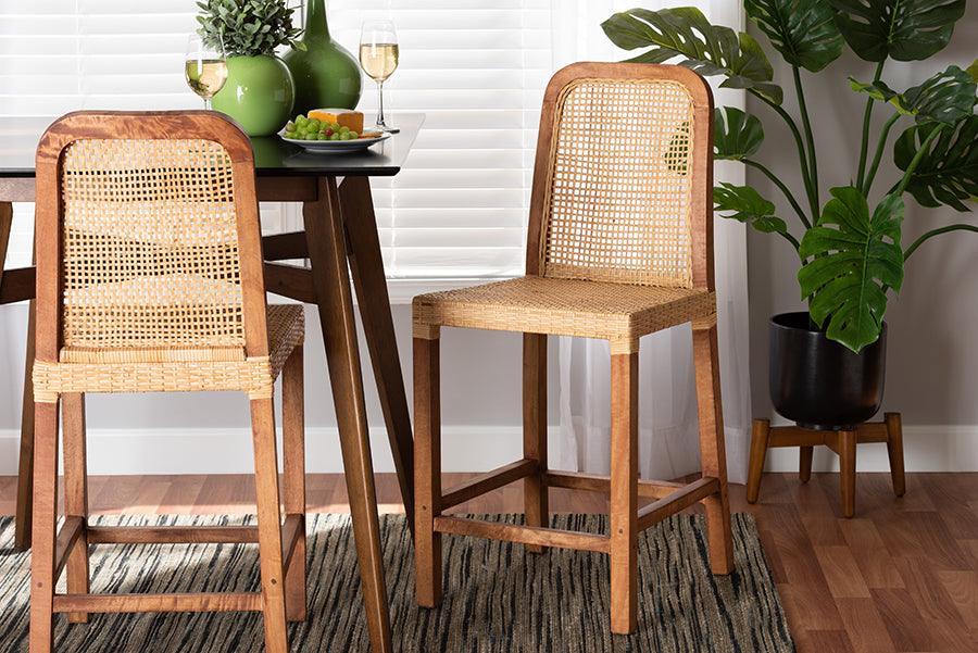Caspia Mid-Century Modern Walnut Brown Finished Wood and Natural Rattan Counter Stool FredCo