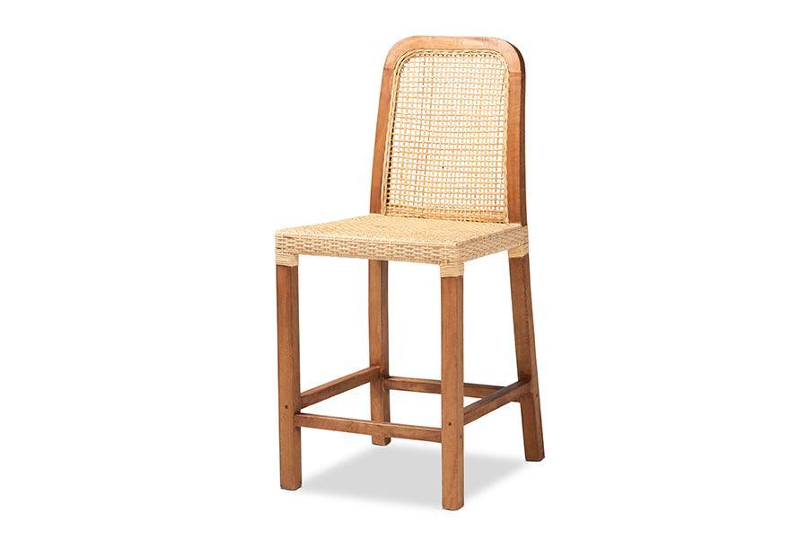 Caspia Mid-Century Modern Walnut Brown Finished Wood and Natural Rattan Counter Stool FredCo