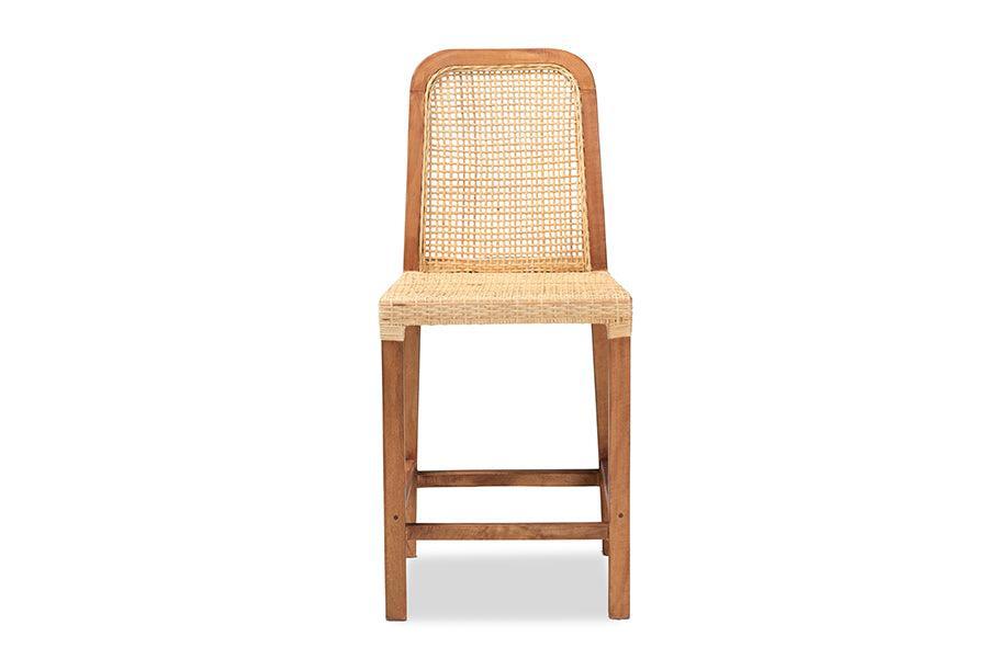 Caspia Mid-Century Modern Walnut Brown Finished Wood and Natural Rattan Counter Stool FredCo