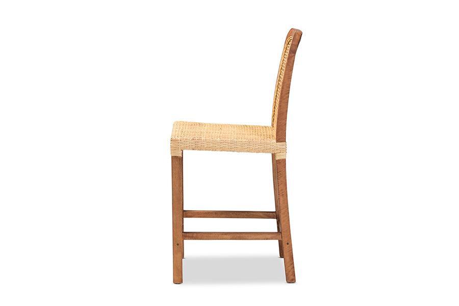 Caspia Mid-Century Modern Walnut Brown Finished Wood and Natural Rattan Counter Stool FredCo