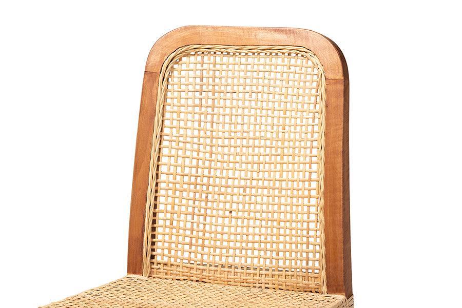 Caspia Mid-Century Modern Walnut Brown Finished Wood and Natural Rattan Counter Stool FredCo