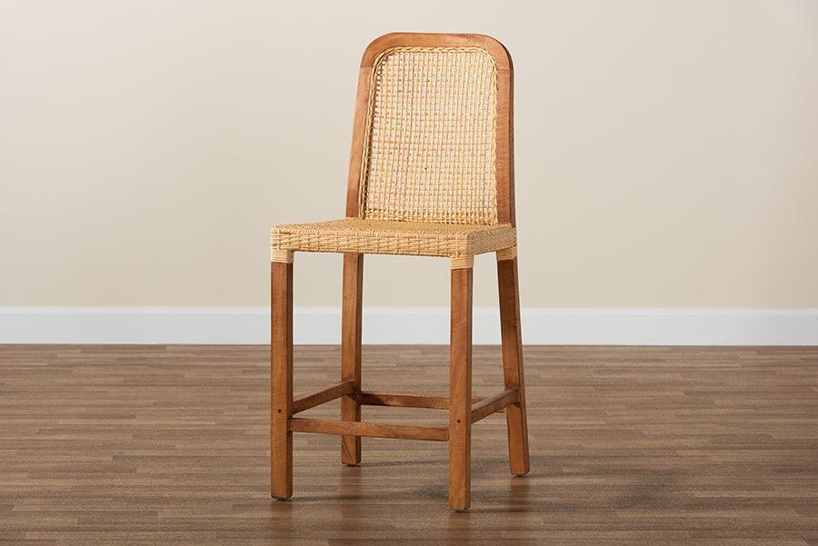 Caspia Mid-Century Modern Walnut Brown Finished Wood and Natural Rattan Counter Stool FredCo