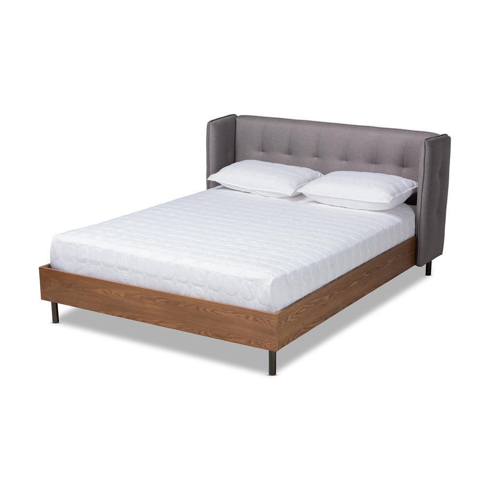 Catarina Mid-Century Modern Grey Fabric Upholstered Walnut Finished Wood Full Size Wingback Platform Bed FredCo
