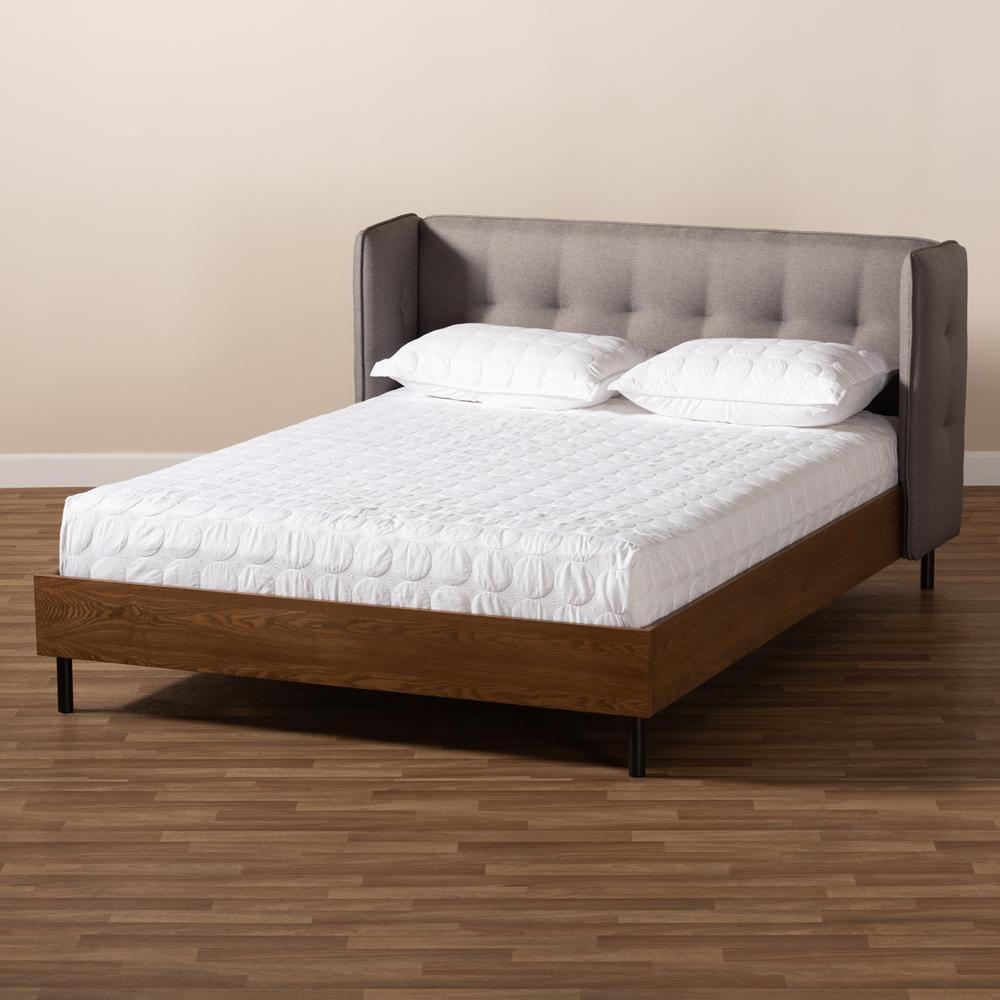 Catarina Mid-Century Modern Grey Fabric Upholstered Walnut Finished Wood Full Size Wingback Platform Bed FredCo