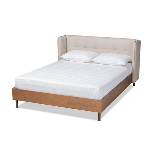 Catarina Mid-Century Modern Light Beige Fabric Upholstered Walnut Finished Wood Full Size Wingback Platform Bed FredCo