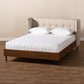 Catarina Mid-Century Modern Light Beige Fabric Upholstered Walnut Finished Wood King Size Wingback Platform Bed FredCo