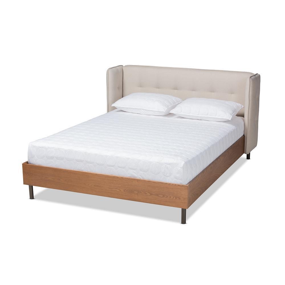 Catarina Mid-Century Modern Light Beige Fabric Upholstered Walnut Finished Wood King Size Wingback Platform Bed FredCo
