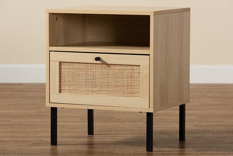 Caterina Mid-Century Modern Transitional Natural Brown Finished Wood and Natural Rattan 1-Door Nightstand FredCo