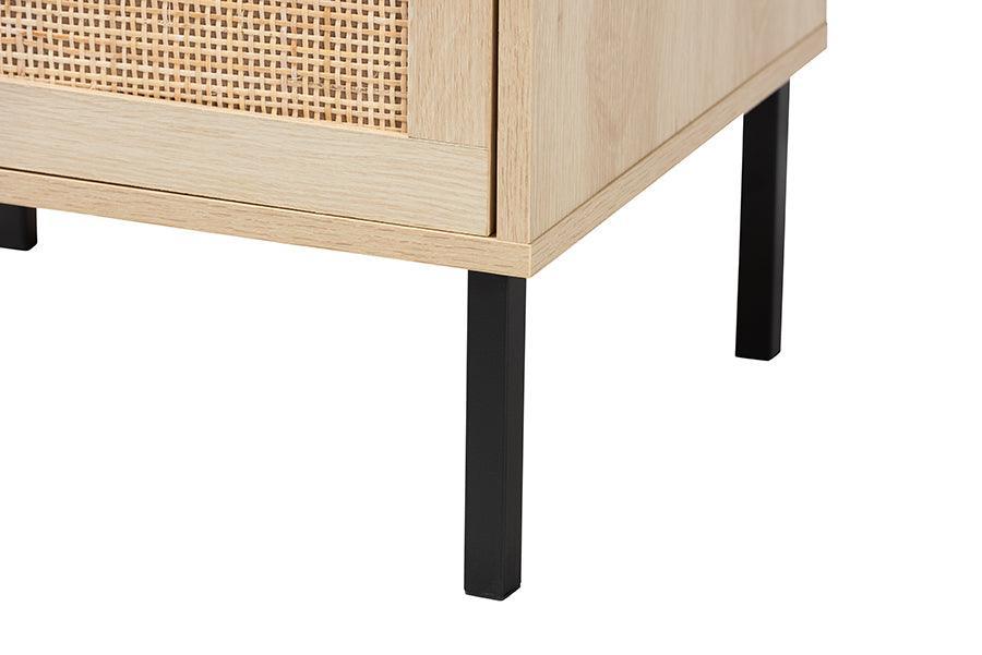 Caterina Mid-Century Modern Transitional Natural Brown Finished Wood and Natural Rattan 1-Door Nightstand FredCo