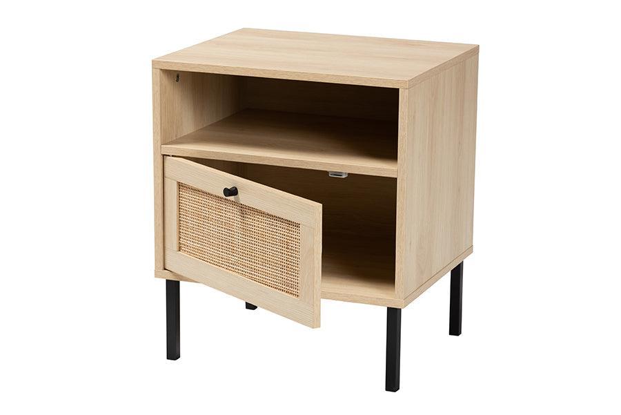 Caterina Mid-Century Modern Transitional Natural Brown Finished Wood and Natural Rattan 1-Door Nightstand FredCo