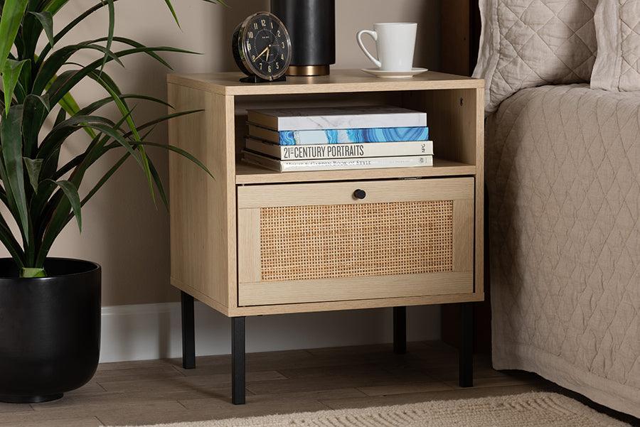Caterina Mid-Century Modern Transitional Natural Brown Finished Wood and Natural Rattan 1-Door Nightstand FredCo