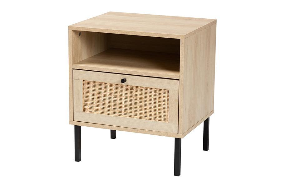 Caterina Mid-Century Modern Transitional Natural Brown Finished Wood and Natural Rattan 1-Door Nightstand FredCo