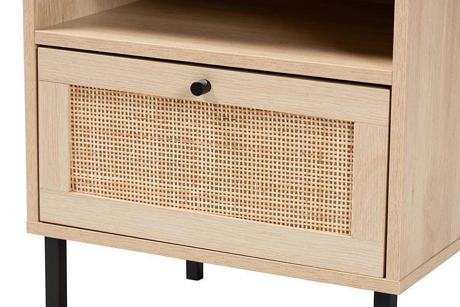 Caterina Mid-Century Modern Transitional Natural Brown Finished Wood and Natural Rattan 1-Door Nightstand FredCo