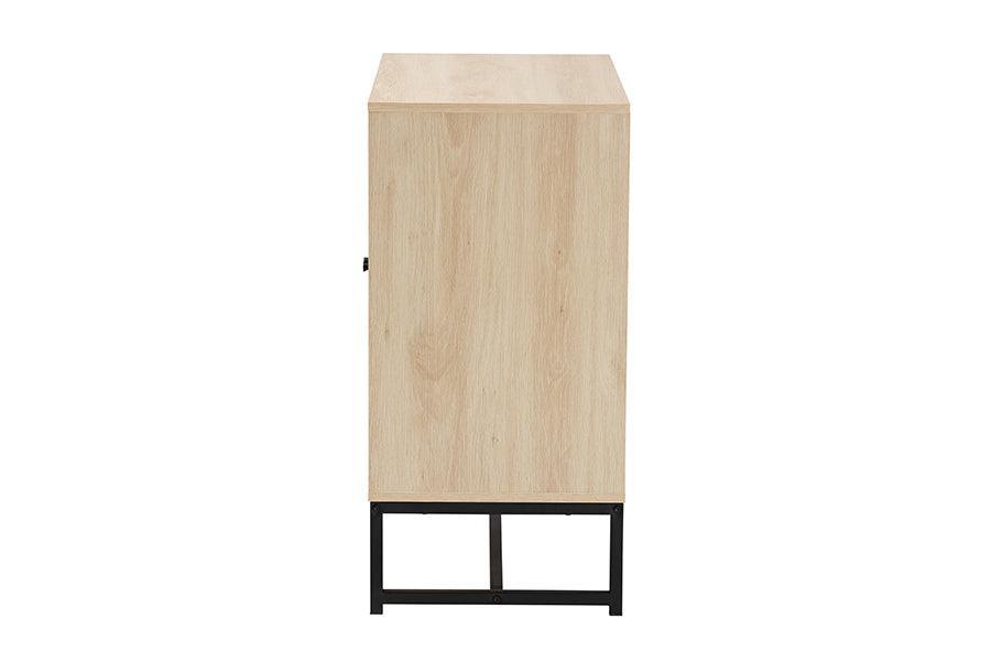 Caterina Mid-Century Modern Transitional Natural Brown Finished Wood and Natural Rattan 2-Door Storage Cabinet FredCo