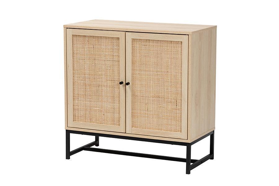 Caterina Mid-Century Modern Transitional Natural Brown Finished Wood and Natural Rattan 2-Door Storage Cabinet FredCo