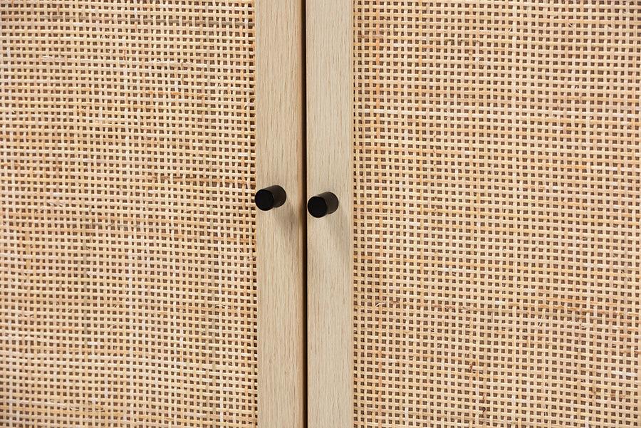 Caterina Mid-Century Modern Transitional Natural Brown Finished Wood and Natural Rattan 2-Door Storage Cabinet FredCo