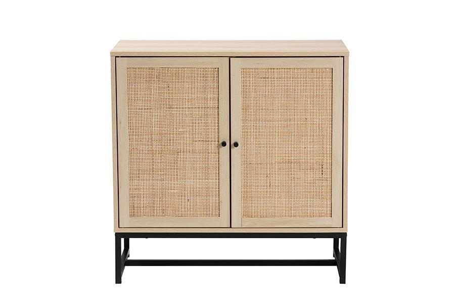 Caterina Mid-Century Modern Transitional Natural Brown Finished Wood and Natural Rattan 2-Door Storage Cabinet FredCo