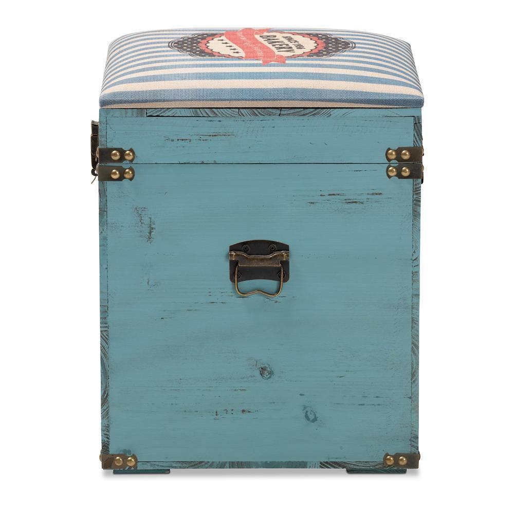 Caye Vintage Striped Fabric Upholstered Light Blue Finished Wood Storage Trunk Ottoman FredCo