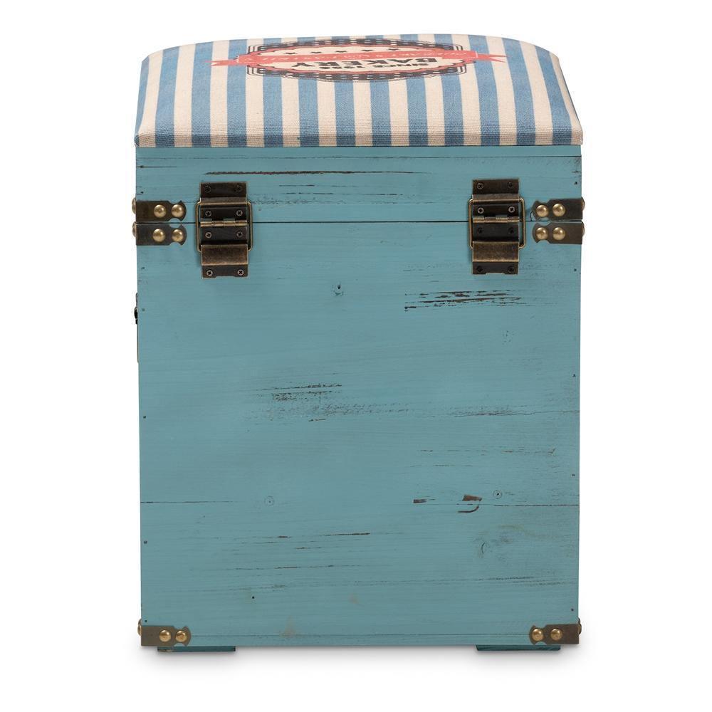 Caye Vintage Striped Fabric Upholstered Light Blue Finished Wood Storage Trunk Ottoman FredCo