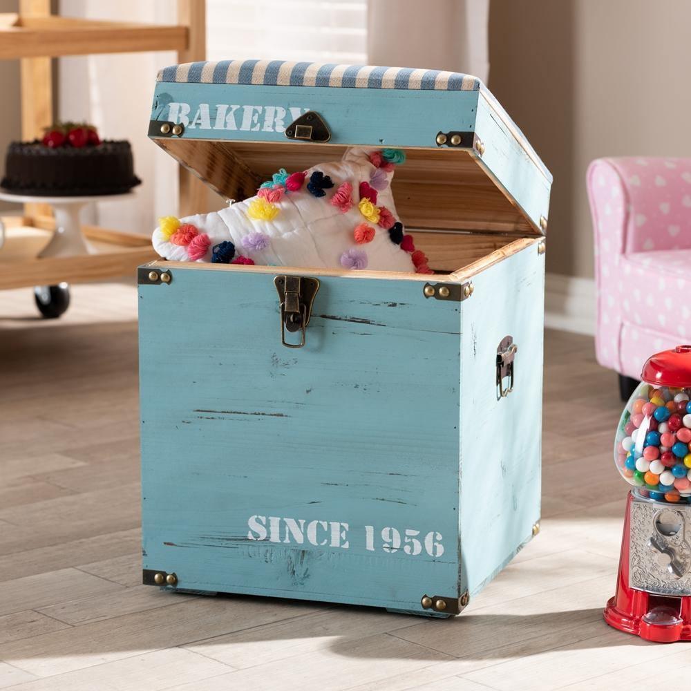 Caye Vintage Striped Fabric Upholstered Light Blue Finished Wood Storage Trunk Ottoman FredCo