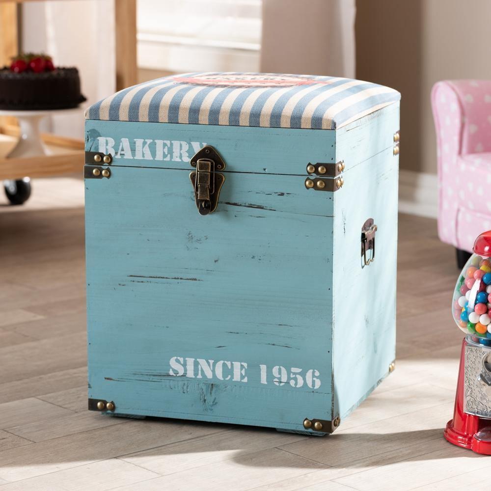 Caye Vintage Striped Fabric Upholstered Light Blue Finished Wood Storage Trunk Ottoman FredCo