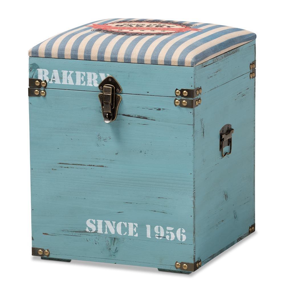 Caye Vintage Striped Fabric Upholstered Light Blue Finished Wood Storage Trunk Ottoman FredCo