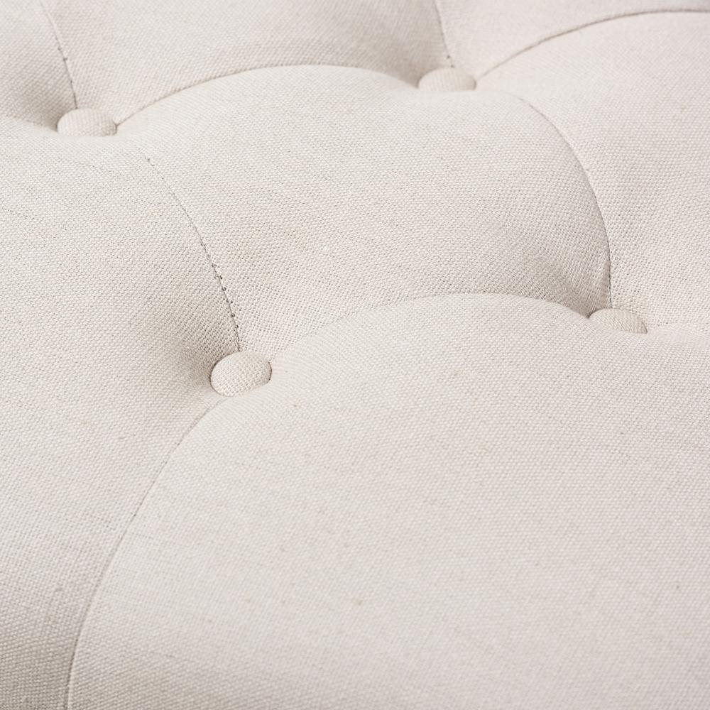 Celeste French Country Weathered Oak Beige Linen Upholstered Ottoman Bench FredCo