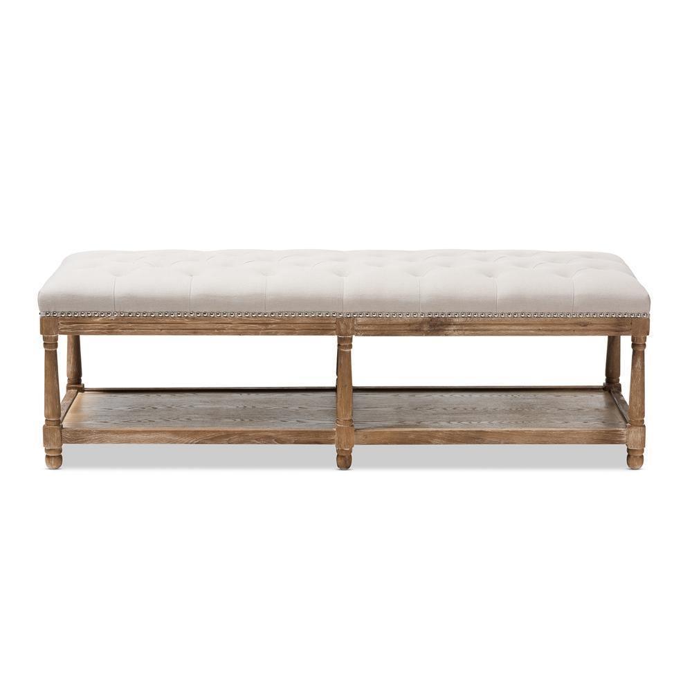 Celeste French Country Weathered Oak Beige Linen Upholstered Ottoman Bench FredCo