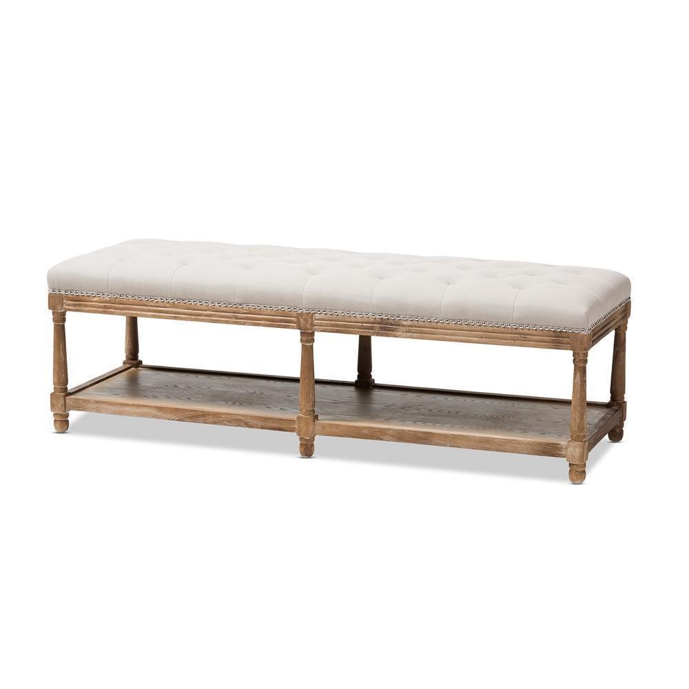 Celeste French Country Weathered Oak Beige Linen Upholstered Ottoman Bench FredCo