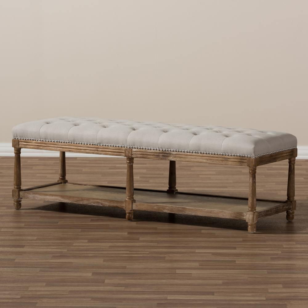 Celeste French Country Weathered Oak Beige Linen Upholstered Ottoman Bench FredCo
