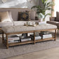 Celeste French Country Weathered Oak Beige Linen Upholstered Ottoman Bench FredCo