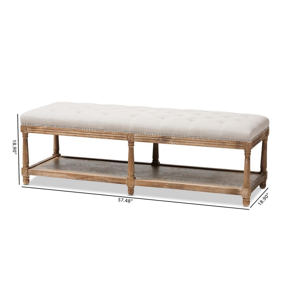 Celeste French Country Weathered Oak Beige Linen Upholstered Ottoman Bench FredCo