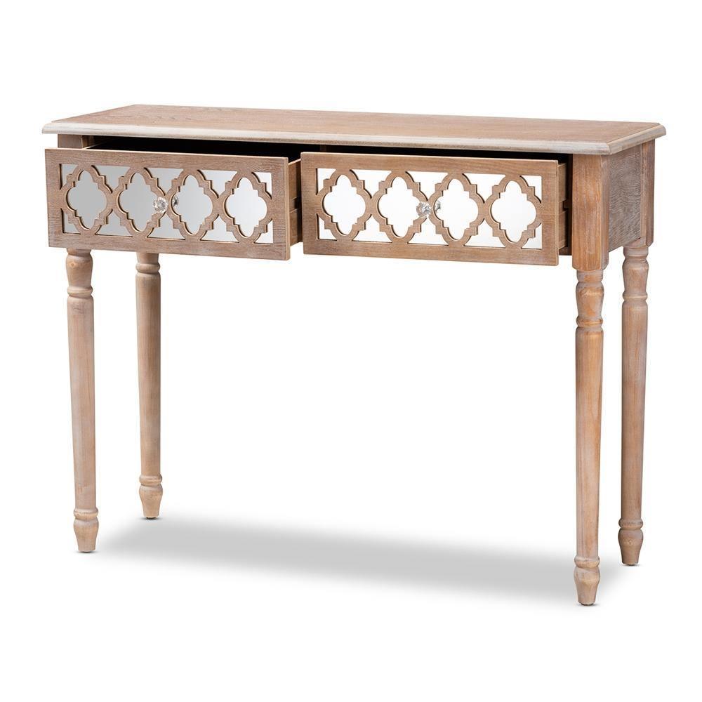Celia Transitional Rustic French Country White-Washed Wood and Mirror 2-Drawer Quatrefoil Console Table FredCo