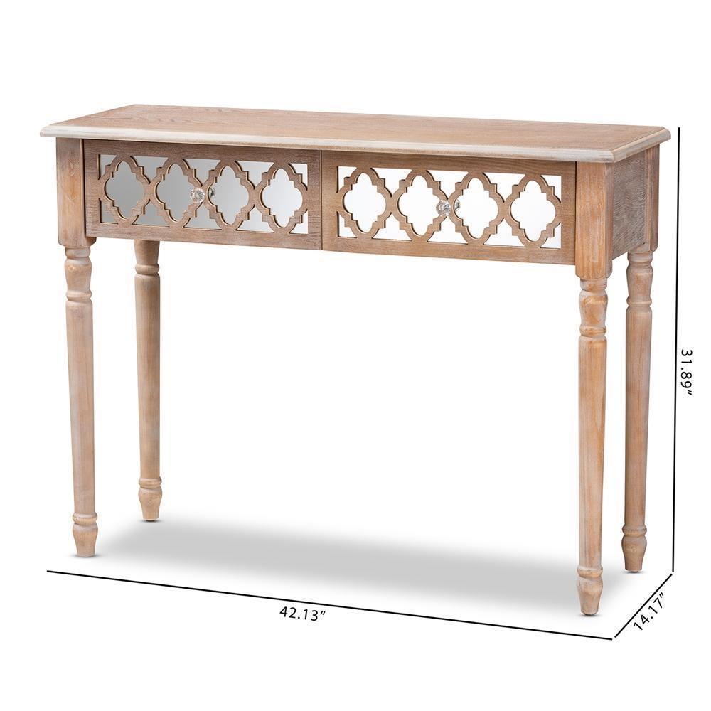 Celia Transitional Rustic French Country White-Washed Wood and Mirror 2-Drawer Quatrefoil Console Table FredCo