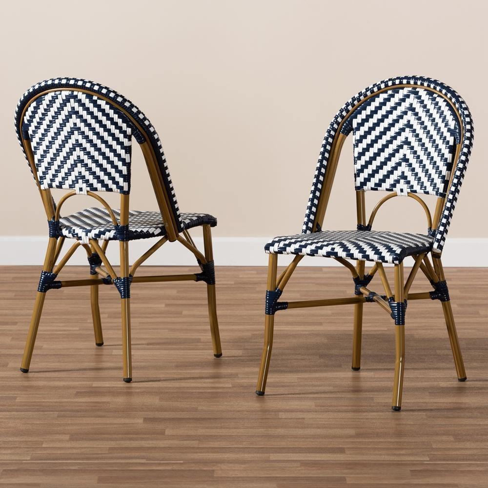 Celie Classic French Indoor and Outdoor Blue and White Bamboo Style Stackable Bistro Dining Chair Set of 2 FredCo