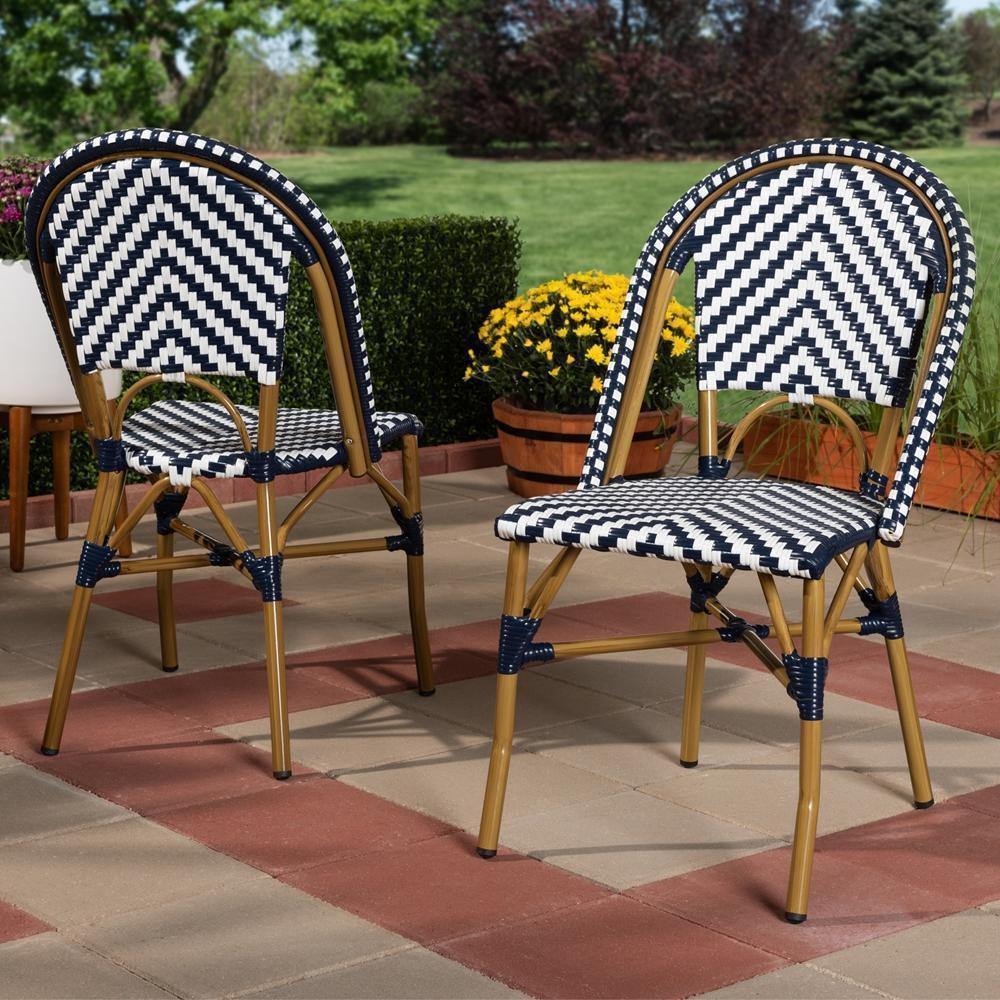Celie Classic French Indoor and Outdoor Blue and White Bamboo Style Stackable Bistro Dining Chair Set of 2 FredCo